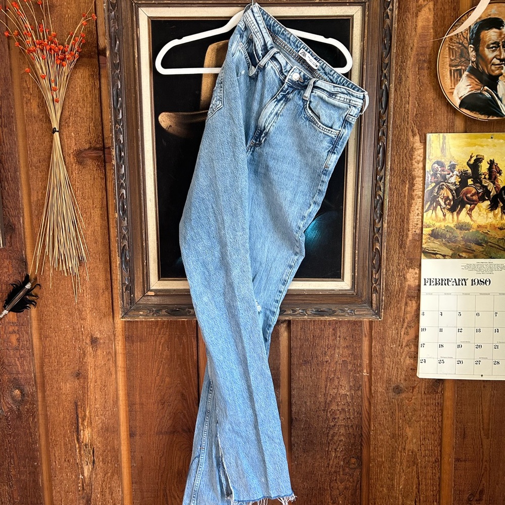 Zara Light Blue Distressed Split Flare Jeans size 6